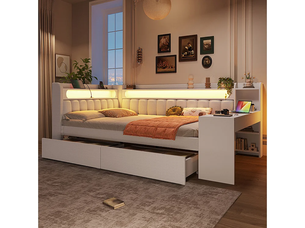 Canapé-lit rembourré 140 x 200 cm avec port USB et LED - Bureau - Deux tiroirs - Tissu lin - Blanc