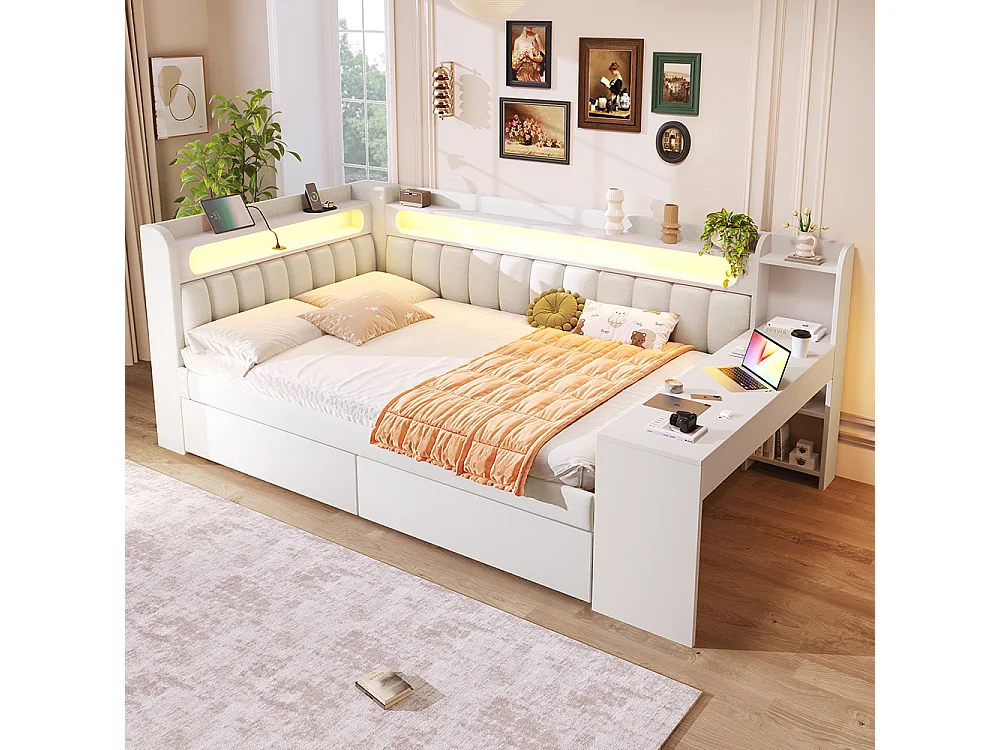 Canapé-lit rembourré 140 x 200 cm avec port USB et LED - Bureau - Deux tiroirs - Tissu lin - Blanc