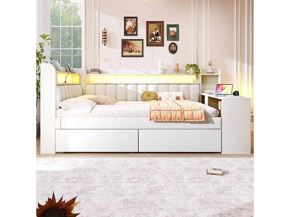 Canapé-lit rembourré 140 x 200 cm avec port USB et LED - Bureau - Deux tiroirs - Tissu lin - Blanc