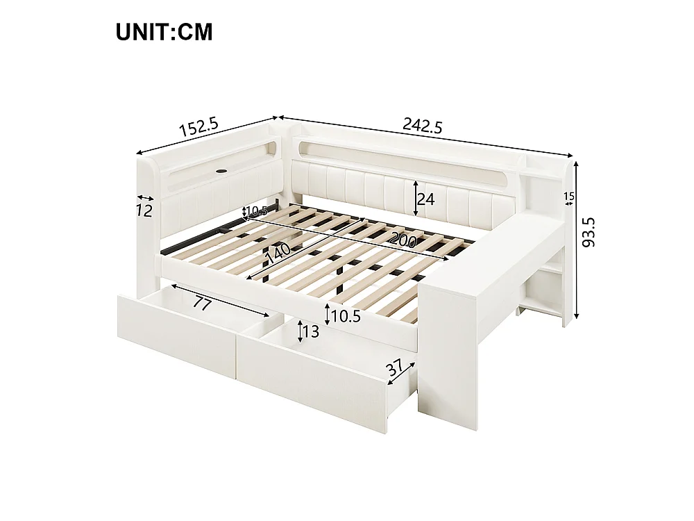 Canapé-lit rembourré 140 x 200 cm avec port USB et LED - Bureau - Deux tiroirs - Tissu lin - Blanc