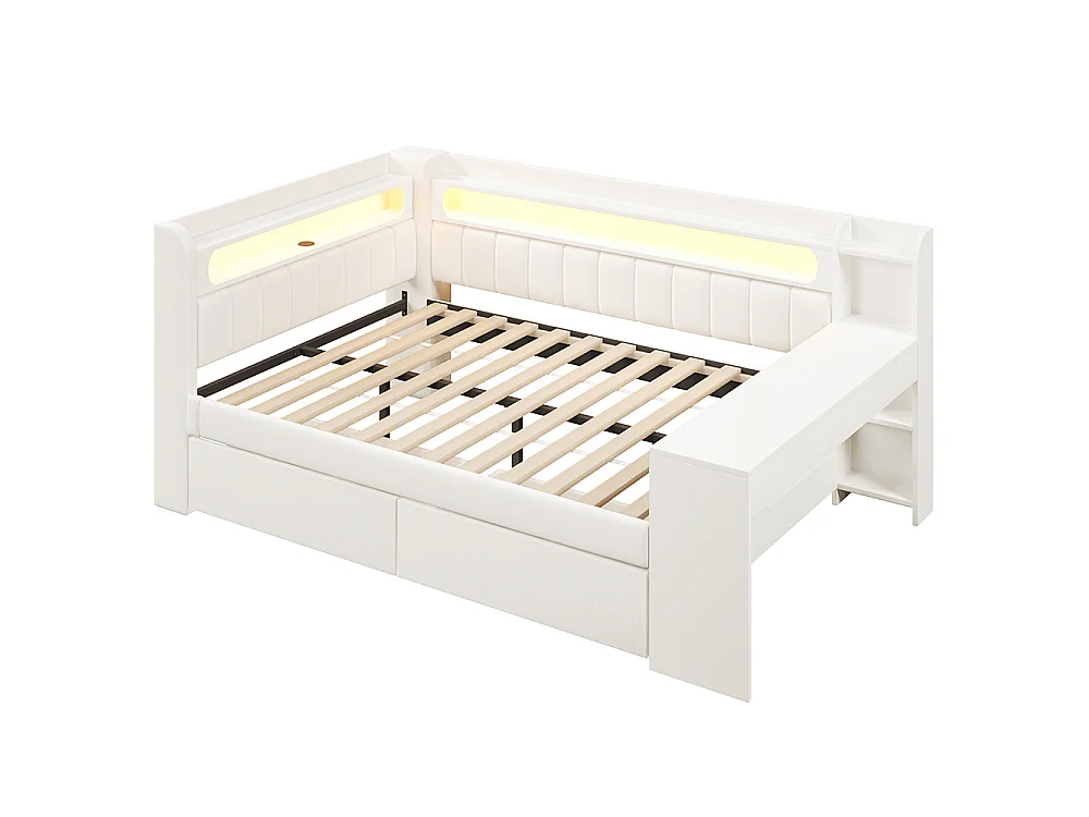 Canapé-lit rembourré 140 x 200 cm avec port USB et LED - Bureau - Deux tiroirs - Tissu lin - Blanc