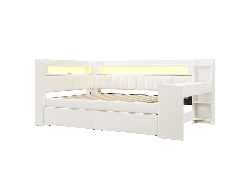 Canapé-lit rembourré 140 x 200 cm avec port USB et LED - Bureau - Deux tiroirs - Tissu lin - Blanc