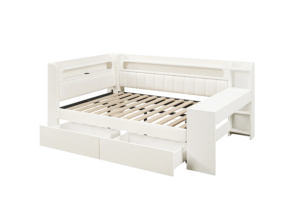 Canapé-lit rembourré 140 x 200 cm avec port USB et LED - Bureau - Deux tiroirs - Tissu lin - Blanc