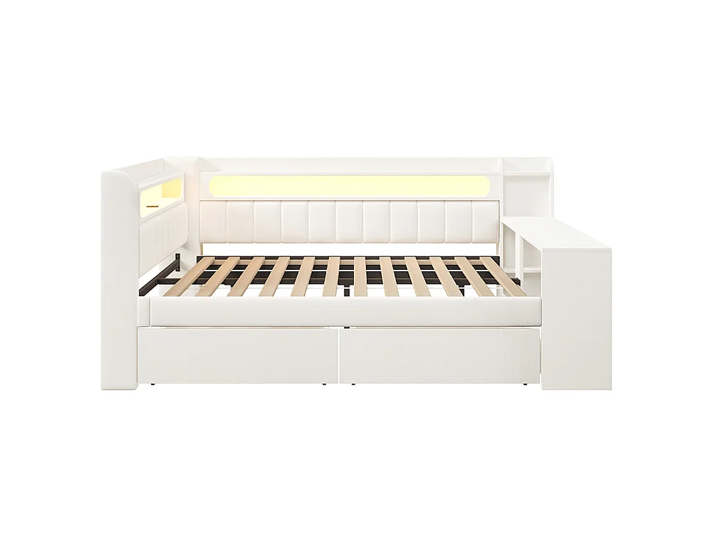 Canapé-lit rembourré 140 x 200 cm avec port USB et LED - Bureau - Deux tiroirs - Tissu lin - Blanc