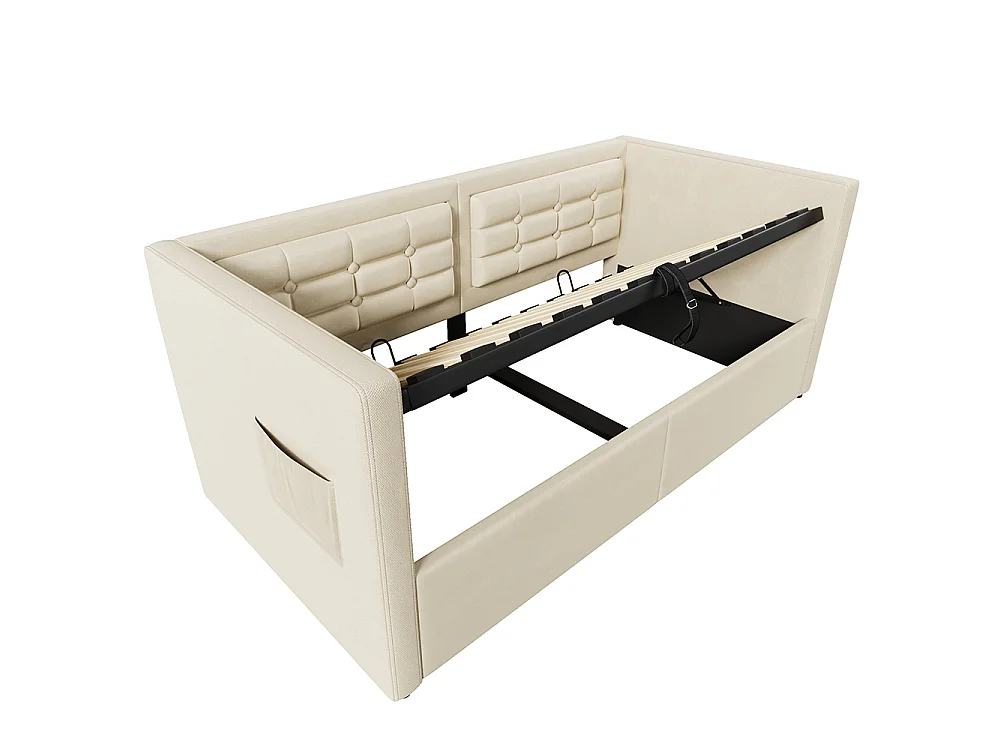 Canapé-lit coffre rembourré 90x200 cm - avec ports USB + Type-C - Espace de rangement hydraulique - Tissu velours - Beige