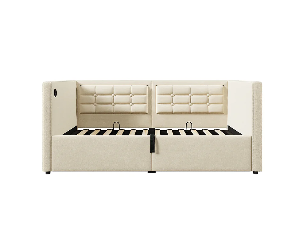 Canapé-lit coffre rembourré 90x200 cm - avec ports USB + Type-C - Espace de rangement hydraulique - Tissu velours - Beige