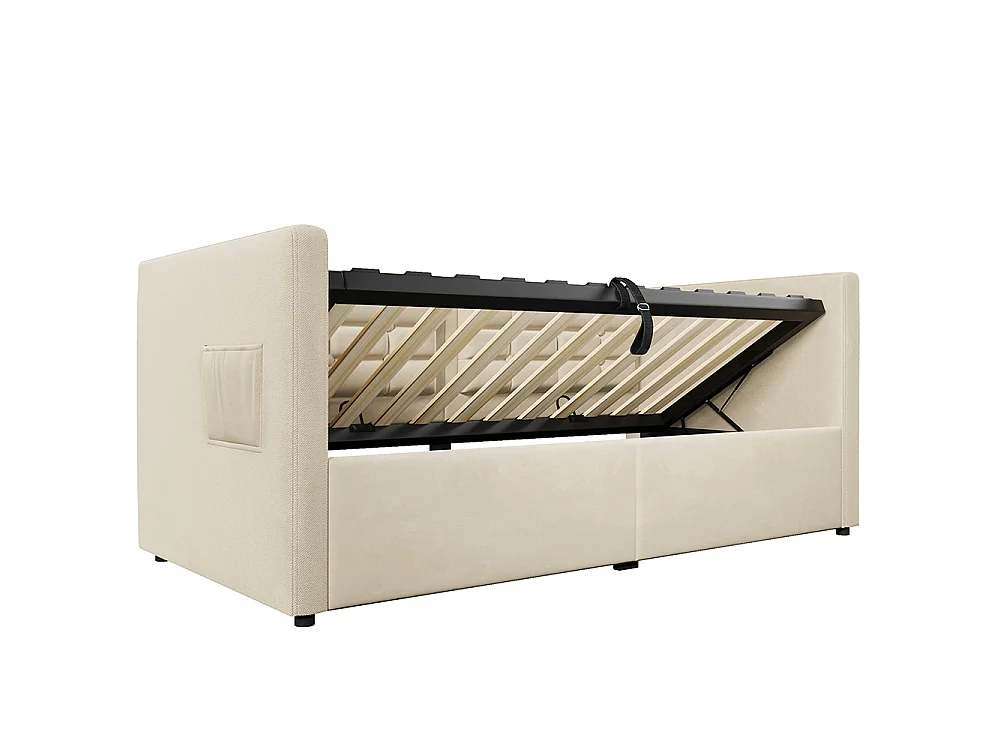 Canapé-lit coffre rembourré 90x200 cm - avec ports USB + Type-C - Espace de rangement hydraulique - Tissu velours - Beige