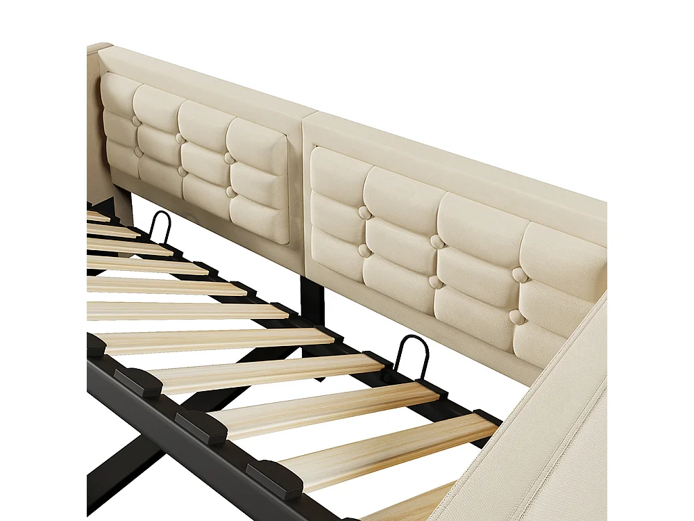 Canapé-lit coffre rembourré 90x200 cm - avec ports USB + Type-C - Espace de rangement hydraulique - Tissu velours - Beige