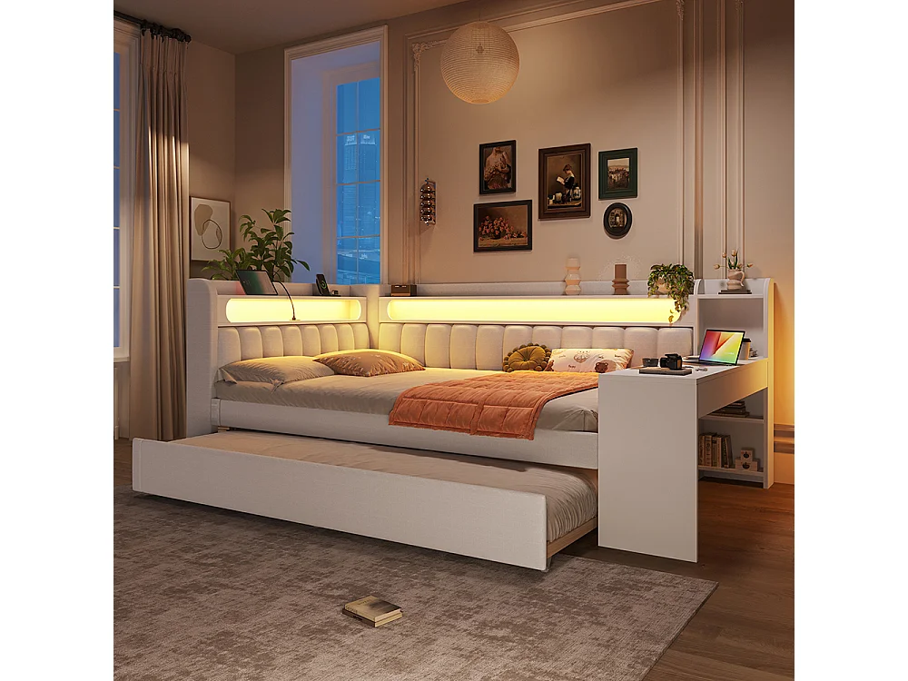 Canapé-lit rembourré 140 x 200 cm avec port USB et bande LED, avec lit gigogne et bureau, Tissu lin, Blanc