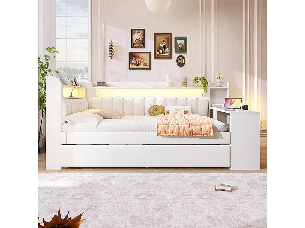 Canapé-lit rembourré 140 x 200 cm avec port USB et bande LED, avec lit gigogne et bureau, Tissu lin, Blanc