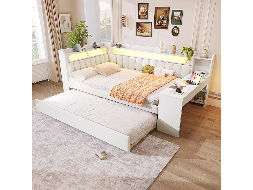 Canapé-lit rembourré 140 x 200 cm avec port USB et bande LED, avec lit gigogne et bureau, Tissu lin, Blanc