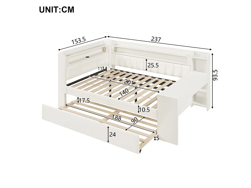 Canapé-lit rembourré 140 x 200 cm avec port USB et bande LED, avec lit gigogne et bureau, Tissu lin, Blanc