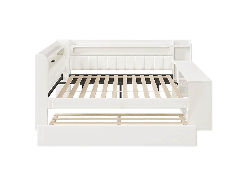 Canapé-lit rembourré 140 x 200 cm avec port USB et bande LED, avec lit gigogne et bureau, Tissu lin, Blanc