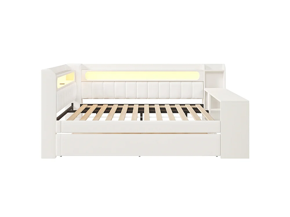 Canapé-lit rembourré 140 x 200 cm avec port USB et bande LED, avec lit gigogne et bureau, Tissu lin, Blanc
