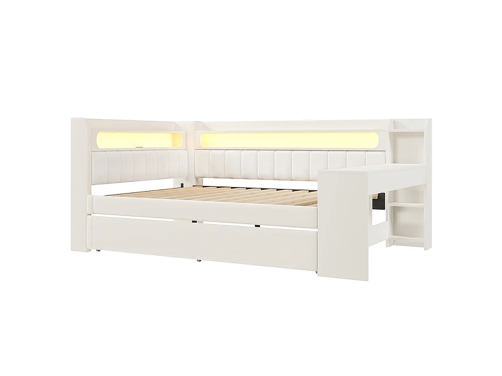 Canapé-lit rembourré 140 x 200 cm avec port USB et bande LED, avec lit gigogne et bureau, Tissu lin, Blanc