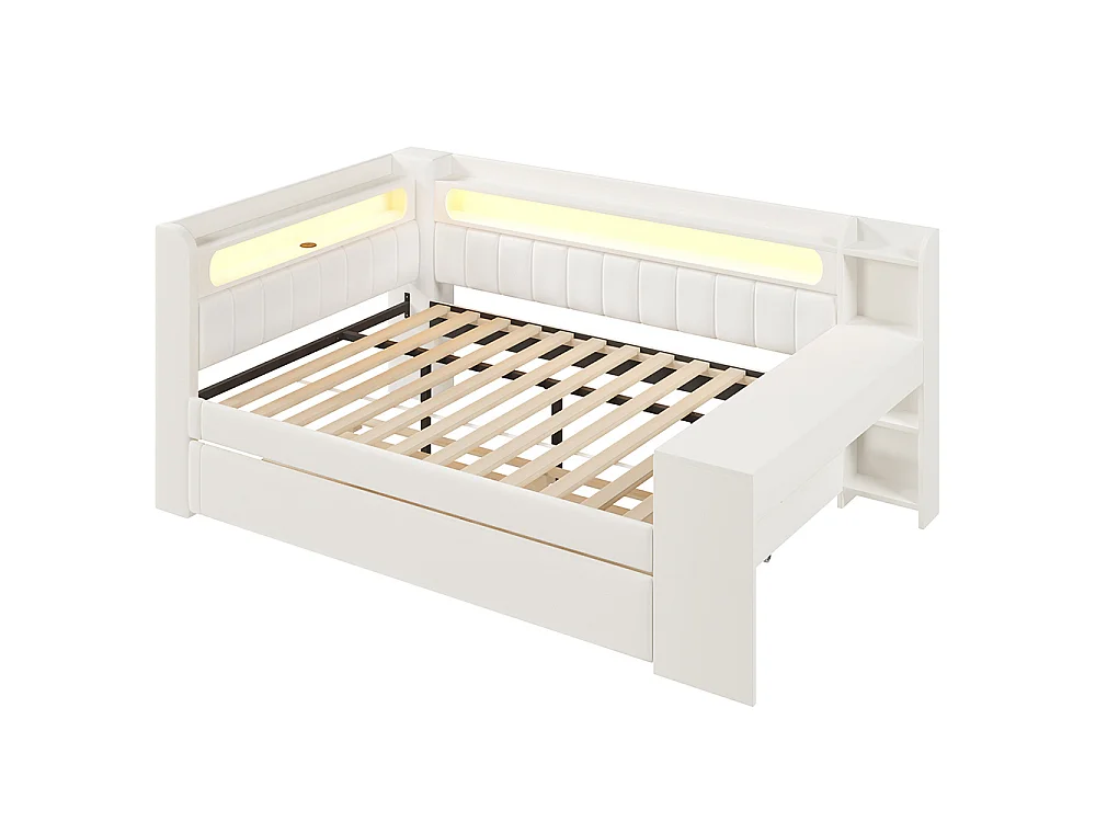 Canapé-lit rembourré 140 x 200 cm avec port USB et bande LED, avec lit gigogne et bureau, Tissu lin, Blanc