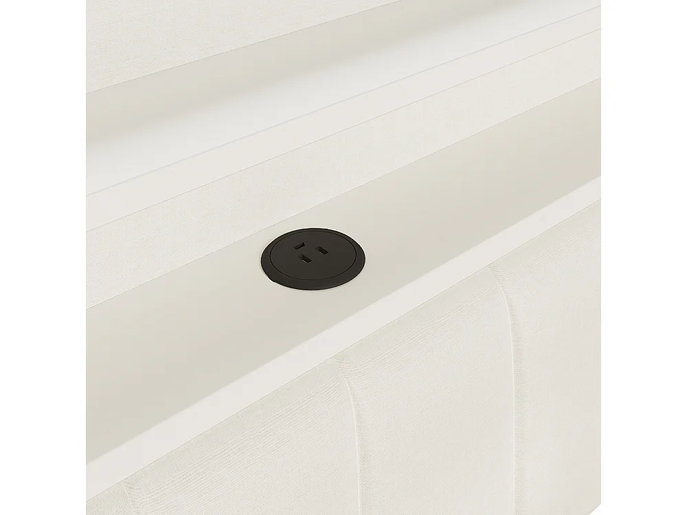 Canapé-lit rembourré 140 x 200 cm avec port USB et bande LED, avec lit gigogne et bureau, Tissu lin, Blanc