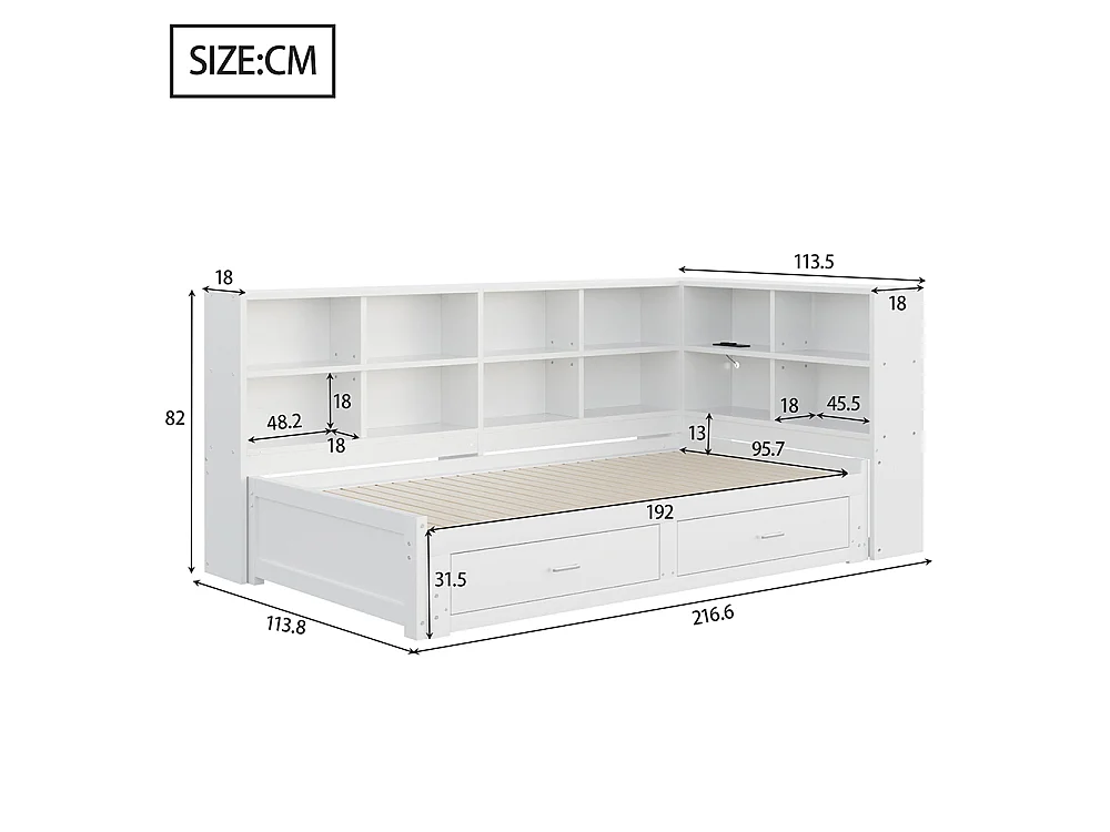 Canapé-lit gigogne en bois massif 90/180x190 cm - avec Prise de charge - Compartiment de rangement - 2 tiroirs - Sommier à lattes - Blanc