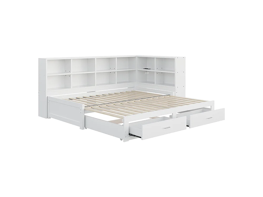 Canapé-lit gigogne en bois massif 90/180x190 cm - avec Prise de charge - Compartiment de rangement - 2 tiroirs - Sommier à lattes - Blanc