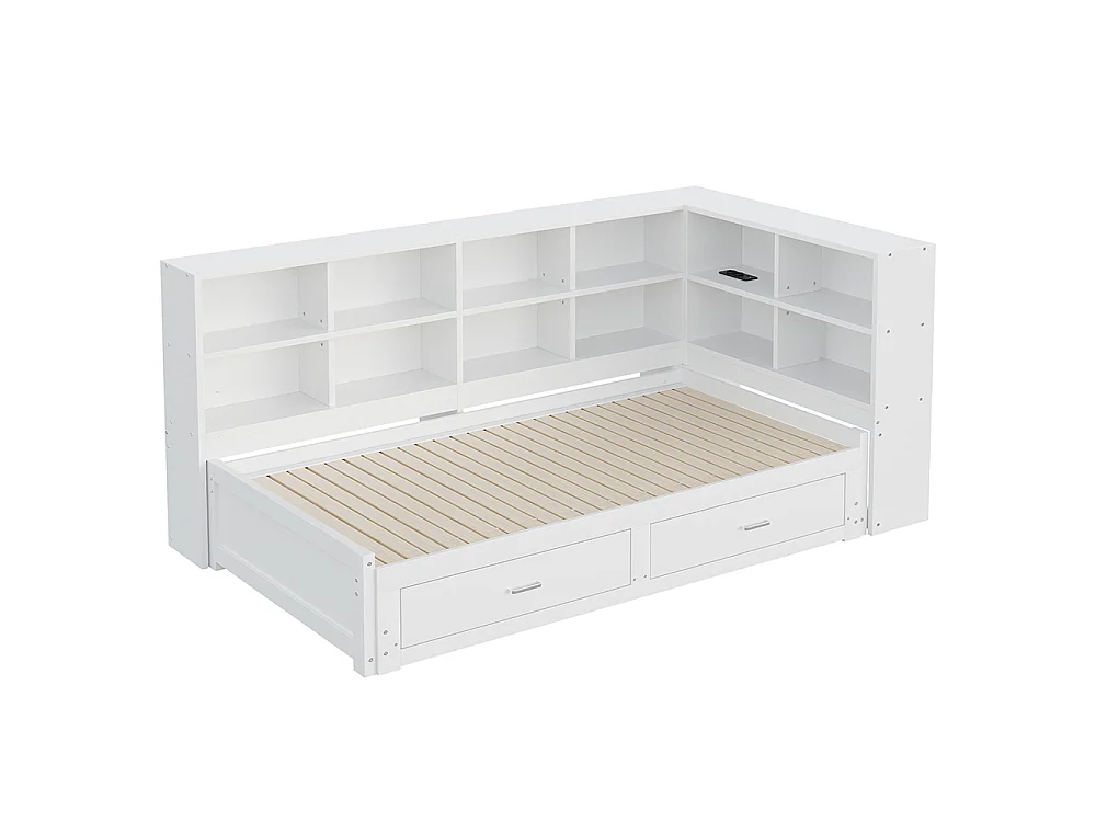 Canapé-lit gigogne en bois massif 90/180x190 cm - avec Prise de charge - Compartiment de rangement - 2 tiroirs - Sommier à lattes - Blanc
