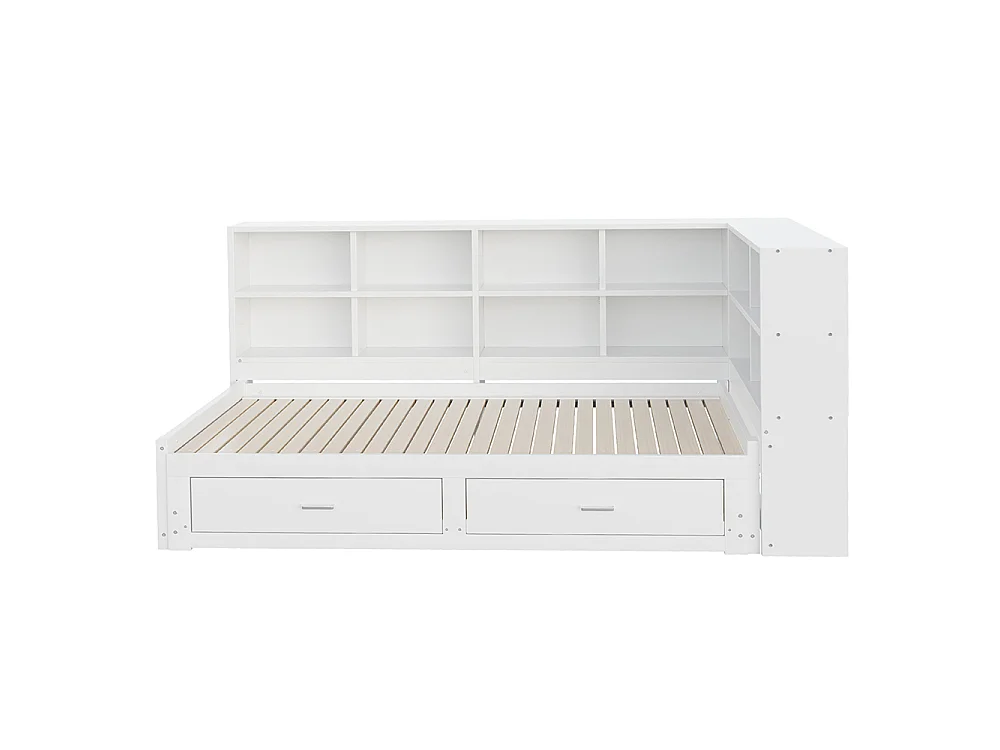 Canapé-lit gigogne en bois massif 90/180x190 cm - avec Prise de charge - Compartiment de rangement - 2 tiroirs - Sommier à lattes - Blanc