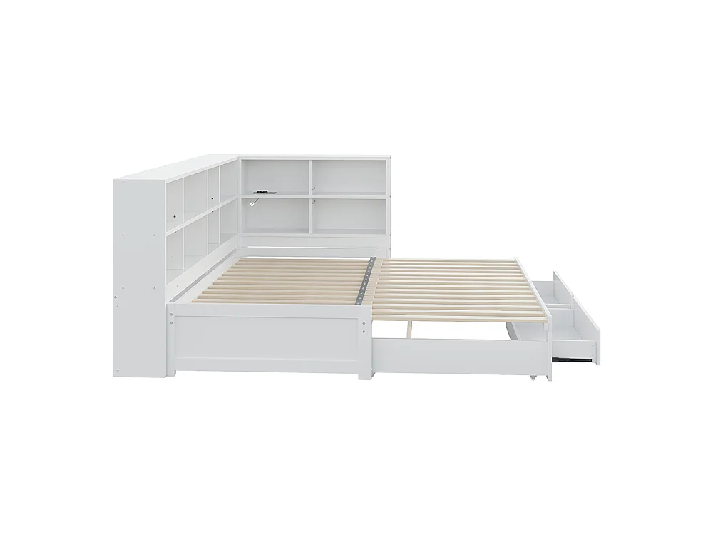 Canapé-lit gigogne en bois massif 90/180x190 cm - avec Prise de charge - Compartiment de rangement - 2 tiroirs - Sommier à lattes - Blanc