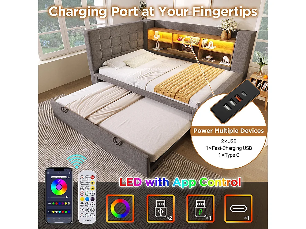 Canapé lit 90x200 cm avec lit gigogne 90x190 cm, éclairage LED et USB-Type C, Tête de lit en L avec rangement, Sommier à lattes, Lin, Gris