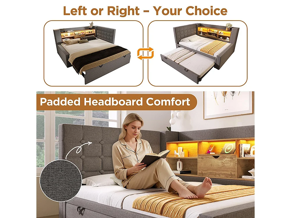 Canapé lit 90x200 cm avec lit gigogne 90x190 cm, éclairage LED et USB-Type C, Tête de lit en L avec rangement, Sommier à lattes, Lin, Gris