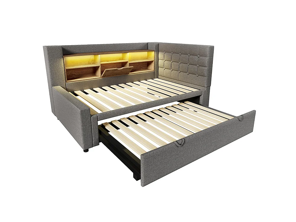 Canapé lit 90x200 cm avec lit gigogne 90x190 cm, éclairage LED et USB-Type C, Tête de lit en L avec rangement, Sommier à lattes, Lin, Gris
