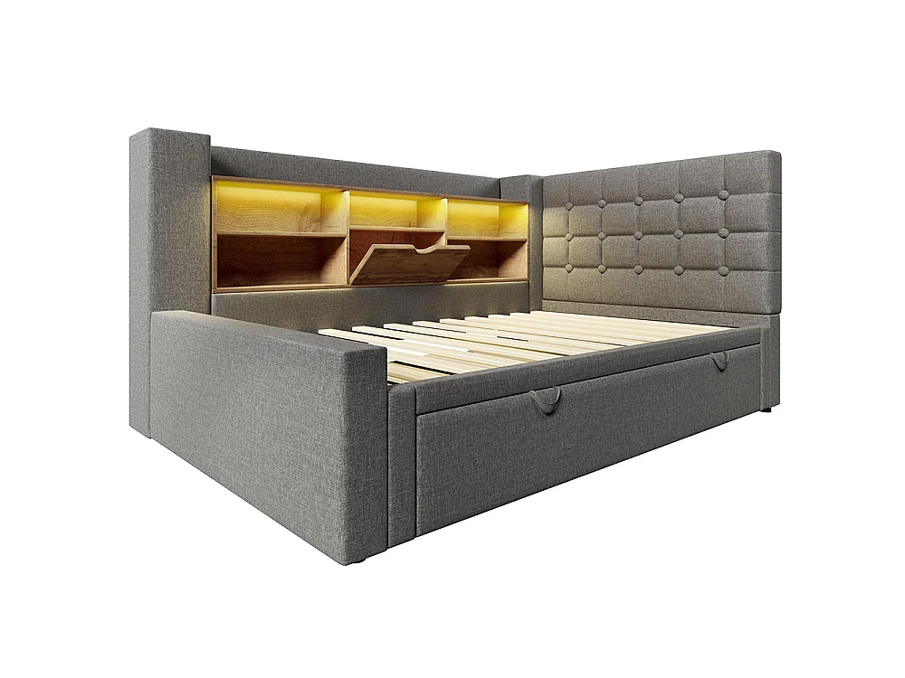Canapé lit 90x200 cm avec lit gigogne 90x190 cm, éclairage LED et USB-Type C, Tête de lit en L avec rangement, Sommier à lattes, Lin, Gris