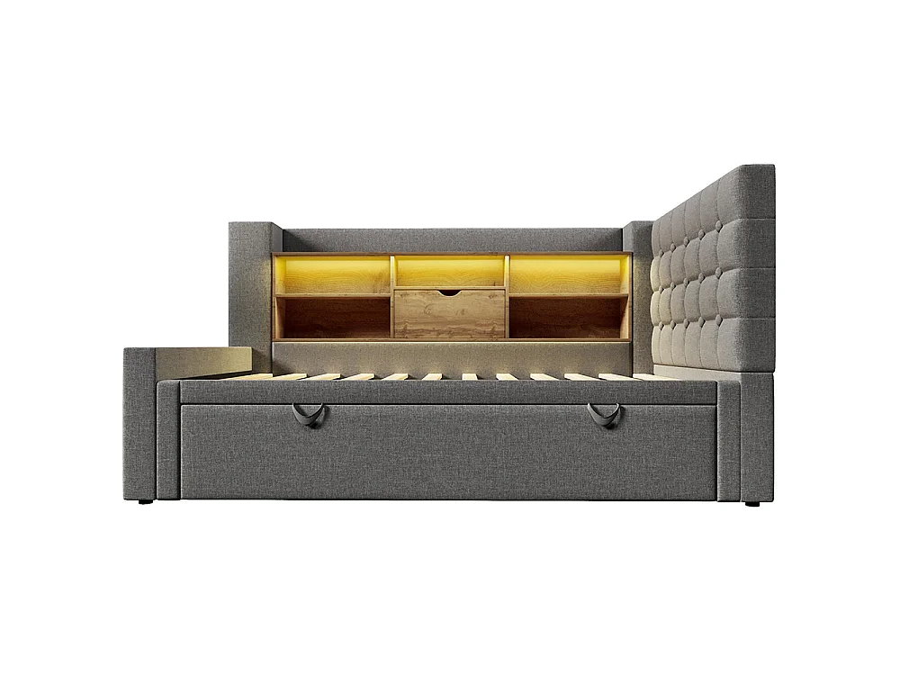 Canapé lit 90x200 cm avec lit gigogne 90x190 cm, éclairage LED et USB-Type C, Tête de lit en L avec rangement, Sommier à lattes, Lin, Gris
