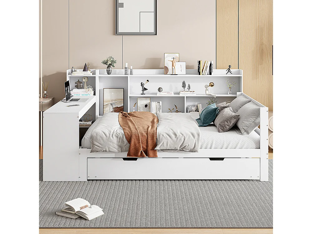 Canapé-lit gigogne 140 x 200 cm en bois massif, avec Bureau, Compartiments de rangement, Prise de charge, Blanc