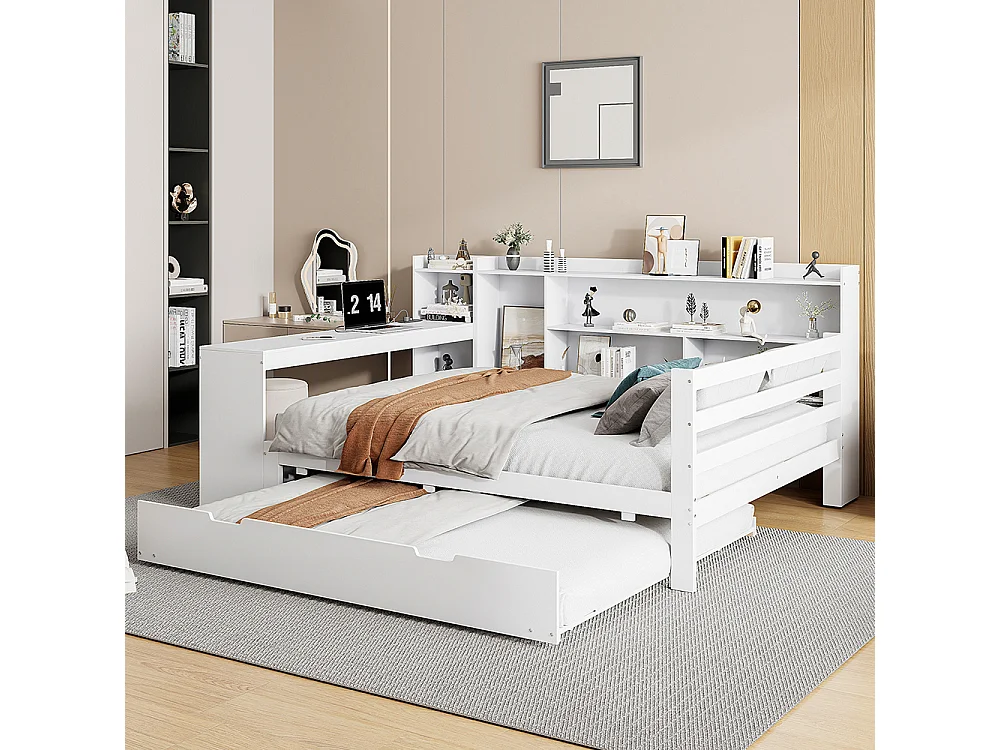 Canapé-lit gigogne 140 x 200 cm en bois massif, avec Bureau, Compartiments de rangement, Prise de charge, Blanc
