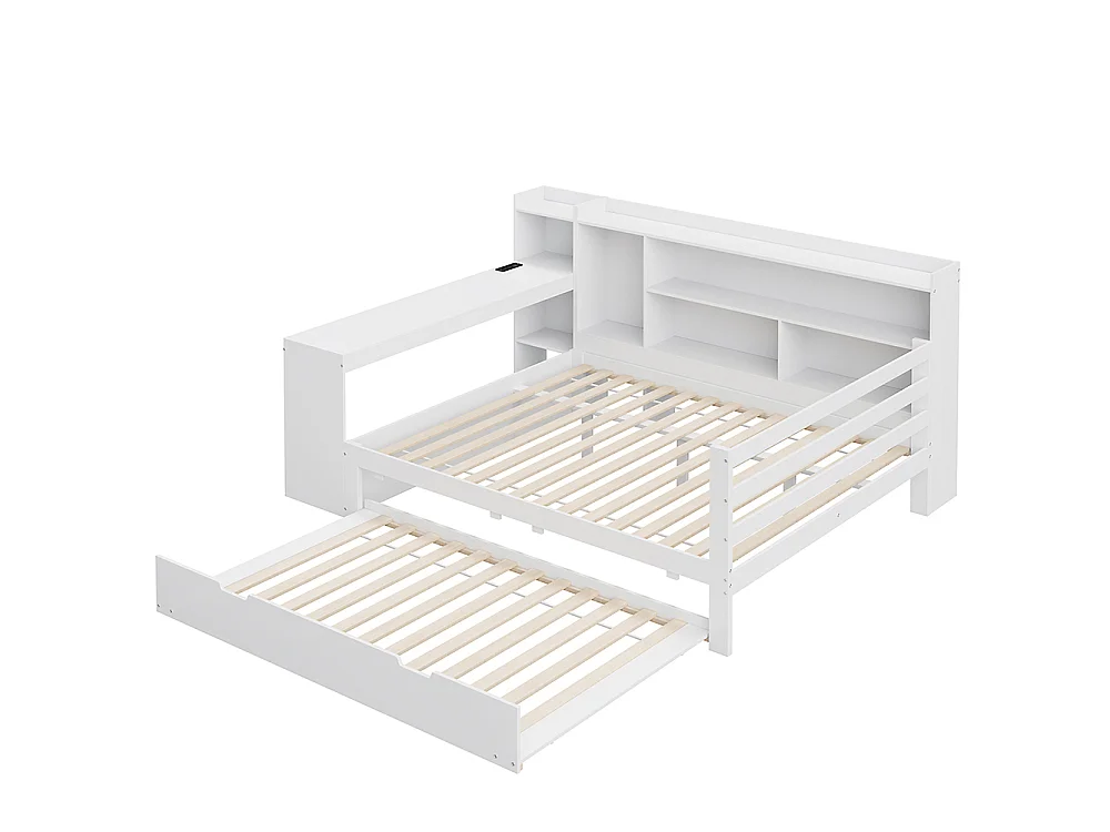 Canapé-lit gigogne 140 x 200 cm en bois massif, avec Bureau, Compartiments de rangement, Prise de charge, Blanc