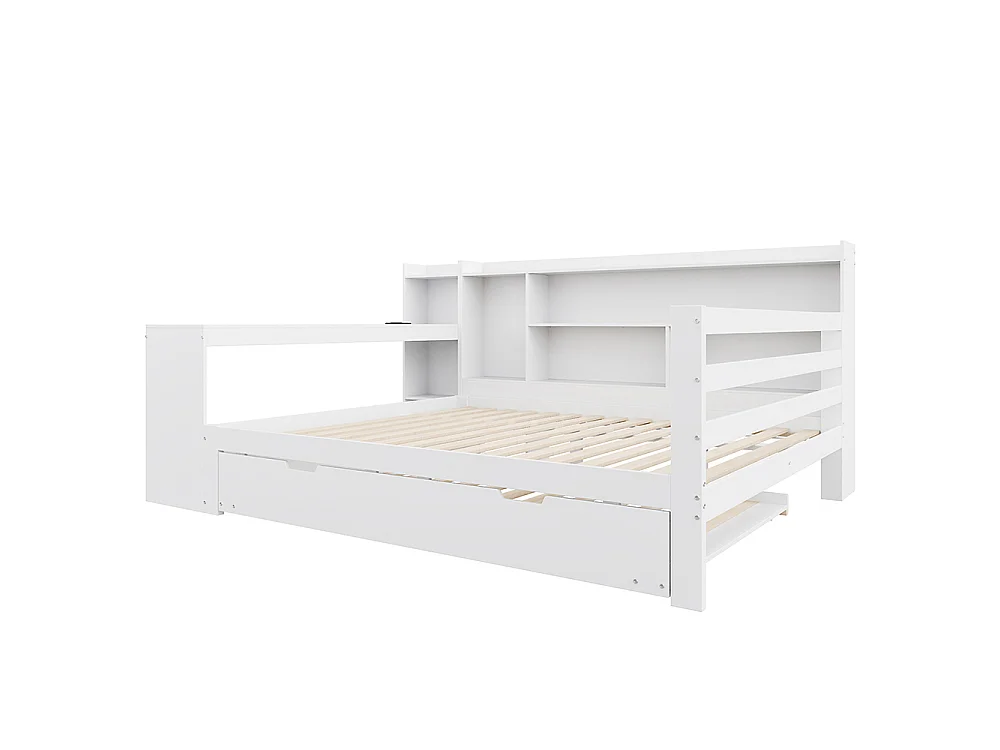 Canapé-lit gigogne 140 x 200 cm en bois massif, avec Bureau, Compartiments de rangement, Prise de charge, Blanc