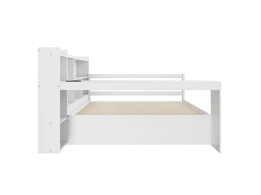 Canapé-lit gigogne 140 x 200 cm en bois massif, avec Bureau, Compartiments de rangement, Prise de charge, Blanc