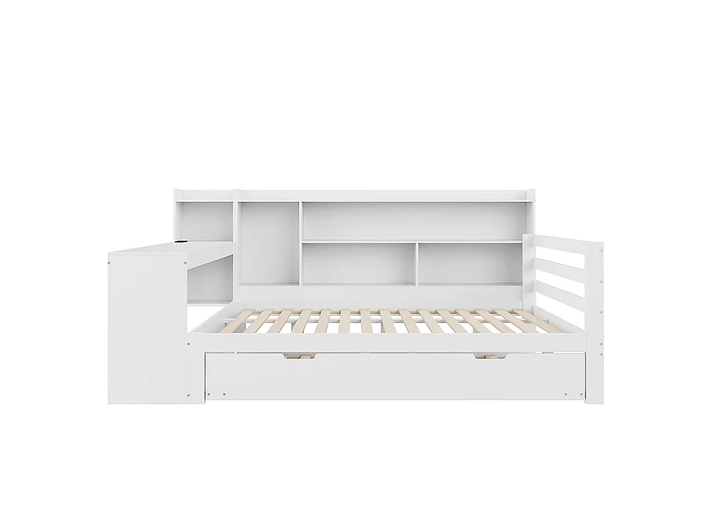 Canapé-lit gigogne 140 x 200 cm en bois massif, avec Bureau, Compartiments de rangement, Prise de charge, Blanc