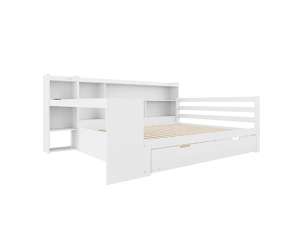 Canapé-lit gigogne 140 x 200 cm en bois massif, avec Bureau, Compartiments de rangement, Prise de charge, Blanc