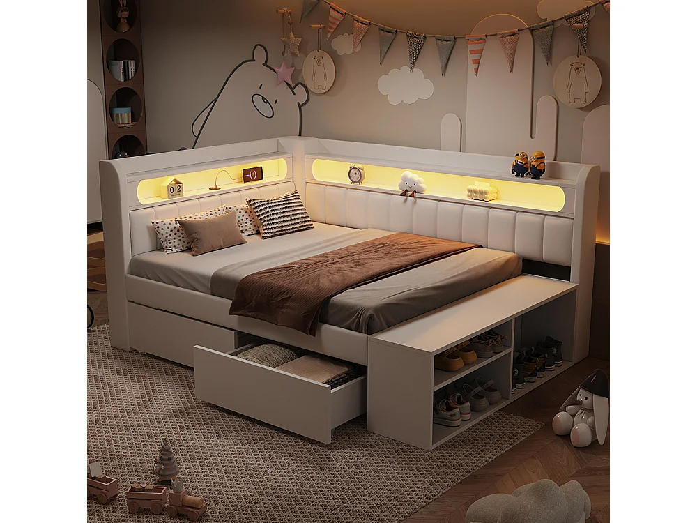 Canapé-lit rembourré 90 x 200 cm avec port USB et LED, Comprenant un meuble à chaussures et deux tiroirs, Tissu lin, Blanc
