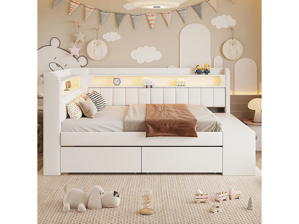 Canapé-lit rembourré 90 x 200 cm avec port USB et LED, Comprenant un meuble à chaussures et deux tiroirs, Tissu lin, Blanc