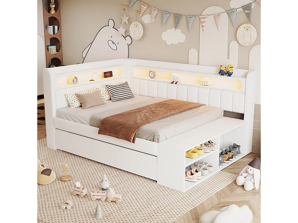 Canapé-lit rembourré 90 x 200 cm avec port USB et LED, Comprenant un meuble à chaussures et deux tiroirs, Tissu lin, Blanc