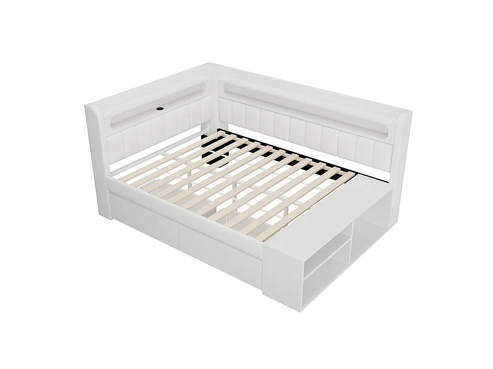 Canapé-lit rembourré 90 x 200 cm avec port USB et LED, Comprenant un meuble à chaussures et deux tiroirs, Tissu lin, Blanc
