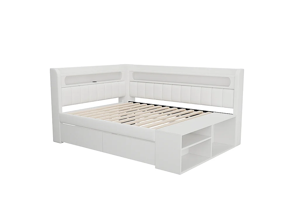 Canapé-lit rembourré 90 x 200 cm avec port USB et LED, Comprenant un meuble à chaussures et deux tiroirs, Tissu lin, Blanc