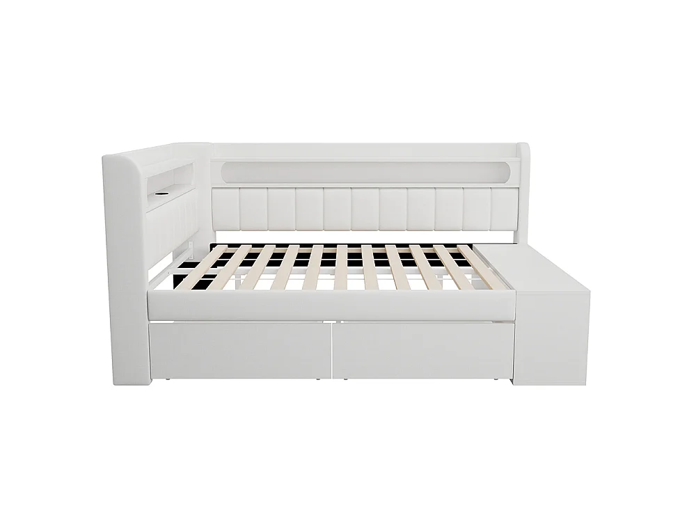 Canapé-lit rembourré 90 x 200 cm avec port USB et LED, Comprenant un meuble à chaussures et deux tiroirs, Tissu lin, Blanc