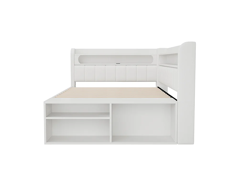 Canapé-lit rembourré 90 x 200 cm avec port USB et LED, Comprenant un meuble à chaussures et deux tiroirs, Tissu lin, Blanc