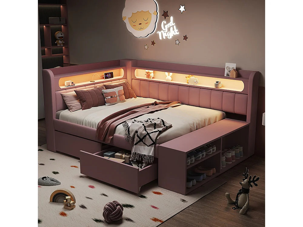 Canapé-lit rembourré 90 x 200 cm avec port USB et LED, Comprenant un meuble à chaussures et deux tiroirs, Tissu lin, Rose