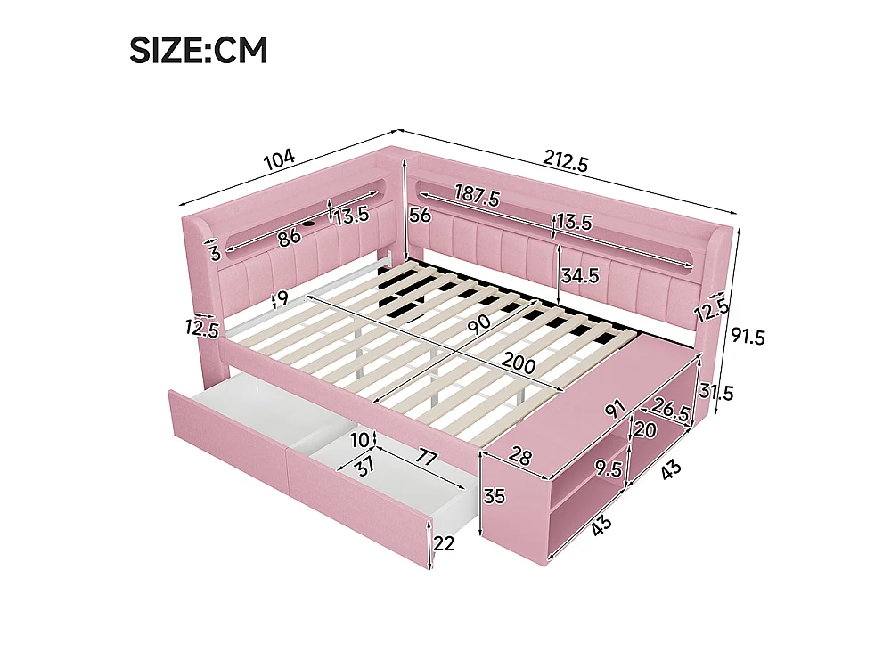 Canapé-lit rembourré 90 x 200 cm avec port USB et LED, Comprenant un meuble à chaussures et deux tiroirs, Tissu lin, Rose