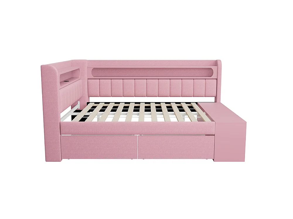 Canapé-lit rembourré 90 x 200 cm avec port USB et LED, Comprenant un meuble à chaussures et deux tiroirs, Tissu lin, Rose