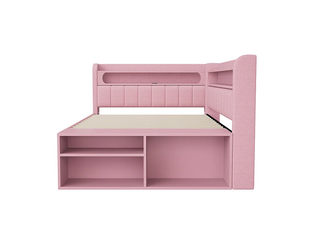 Canapé-lit rembourré 90 x 200 cm avec port USB et LED, Comprenant un meuble à chaussures et deux tiroirs, Tissu lin, Rose