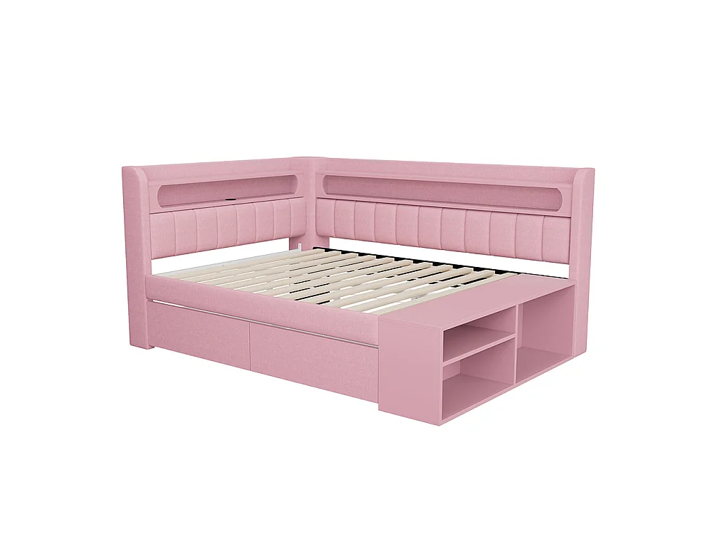Canapé-lit rembourré 90 x 200 cm avec port USB et LED, Comprenant un meuble à chaussures et deux tiroirs, Tissu lin, Rose